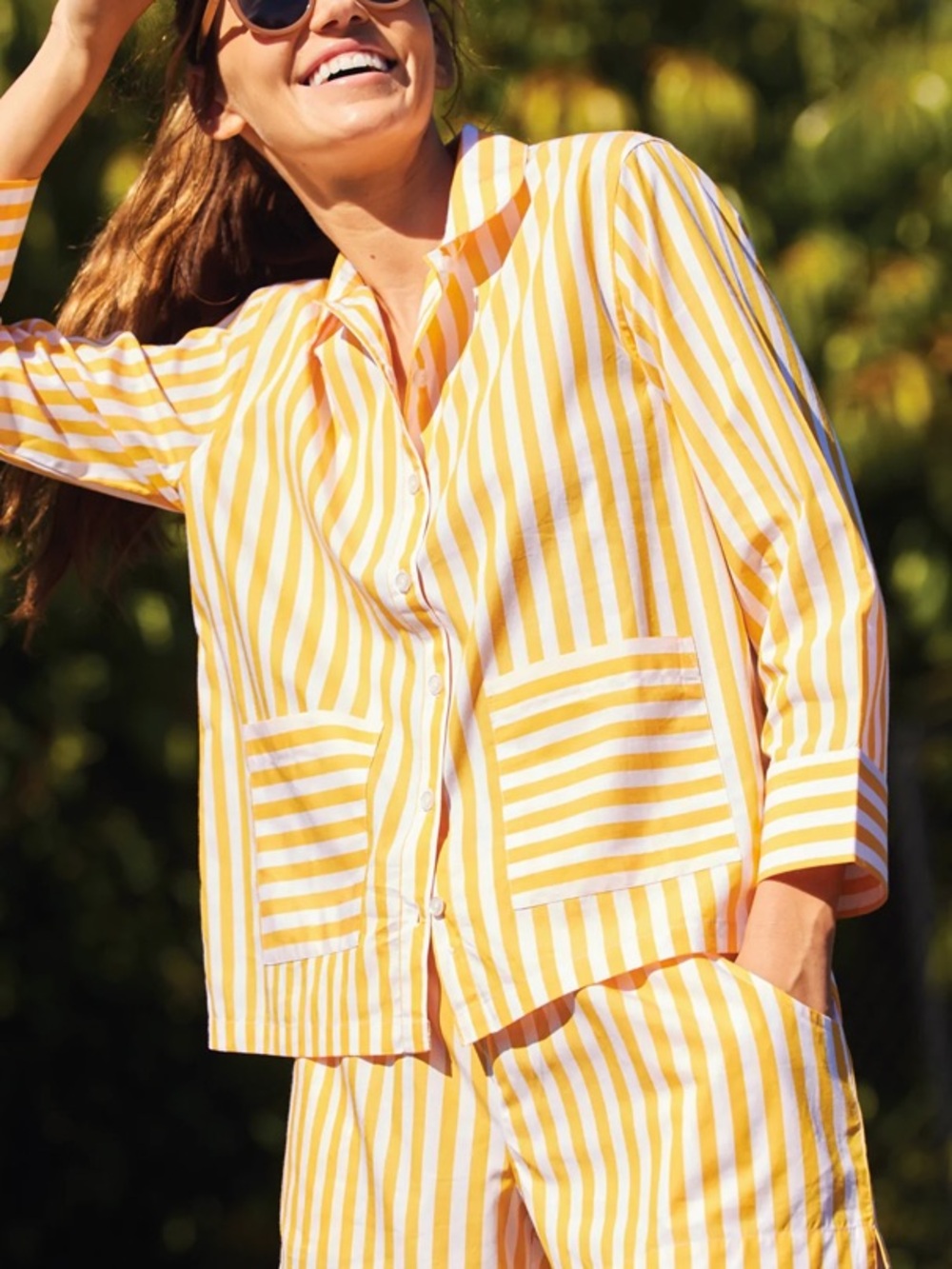 LAKE Stripe Poplin Pajama Top Size small Yellow White Womens